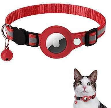 Airtag Katzenhalsband, Reflektierendes AirTag Katzenhalsband mit AirTag-Halterung und Glocke, GPS Leichte Tracker Katzenhalsbänder, Katzen-AirTag-Halsband mit Abbrechbarer Sicherheitsschnalle(Rot)