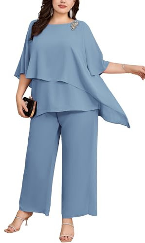Hanna Nikole Hosenanzug Damen Große Größen Chiffon Shirt Irregular Collar Batwing Sleeves Chiffon Shirt 2 Piece Set Occasion Trousers Chiffon Shirt Grau Blau 50