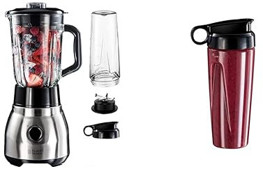 Russell Hobbs Batidora de Vaso 2 en 1 Smoothie, Jarra de Cristal 1,5L, para Zumos y Batidos 23821-56 + Vaso Accesorio con Tapa para Llevar
