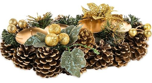 Adventsgesteck Künstlich,1 Weihnachtskranz Künstlich für Weihnachten,mit Kerzenhalter,mit Goldenen Durchbrochenen Blumen,für Weihnachtsdeko Innen,ca.30cm