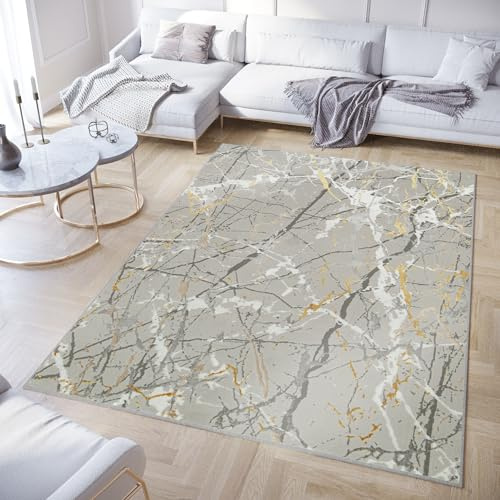 TAPISO Crystal Teppich Kurzflor Glänzend Grau Gold Marmor 160 x 220 cm | Meliert 3D Effekt Wohnzimmer Schlafzimmer Modern Design OEKO-TEX