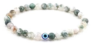 Lameybrt 6mm Auge des Bösen Blick Armband Schutz Stretch Armbänder mit Naturstein für Männer Handgemacht Heilsteine und Herrenarmband (A11 Tree Agate, Mittel 19cm)