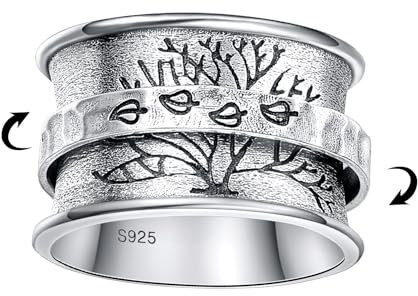 BONLAVIE Lebensbaum Ring Silber 925 - Drei Bären und Kiefern/Drei Hirsch - Breiter Band Damen Vintage Anxiety Spinner