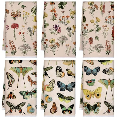 Boyiee Geschirrtücher mit Wildblumen-Motiv, Vintage-Schmetterling, saugfähig, 61 x 40 cm, Küchengeschenke, Handtücher für Sommer, Bauernhaus, Küche, Badezimmer, Dekorationen, 6 Stück