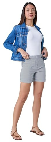 Roman Stretch Shorts for Women UK Ladies Pull On Turned Hem Cut Off Bengaline Mom Boyfriend Boy Denim Casual Cropped Pants Capri Slim Fit Turn Up Summer Crops Mother - Navy & White - Size 18