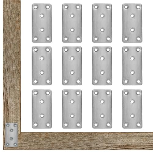 GOLRISEN Pletinas de Unión de Acero Inoxidable, 12 Placas de Unión para Madera de 8 x 4 cm Uniones Metálicas para Madera Perforadas de 6 Agujeros Piezas de Unión para Muebles de Madera