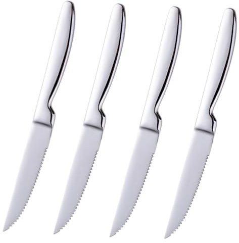 Buyer Star Steakmesser Set，4 Stück gezahntes Hochleistungs Edelstahl Tischmesser，Einteiliger Griff, Schnitte Steak und Huhn，Brote,Wellenschliff 22 cm / 8.66 Inches (Silber)
