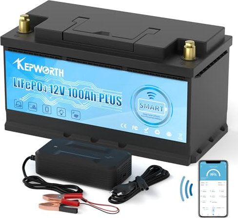 KEPWORTH Batterie Lithium 12V 100Ah, Batterie LiFePO4 avec Protection 100A Smart Bluetooth BMS et 4000+ Cycles Profonds, sans Entretien Parfait pour Camping-Car, Solaire, Bateaux, Hors-Réseau