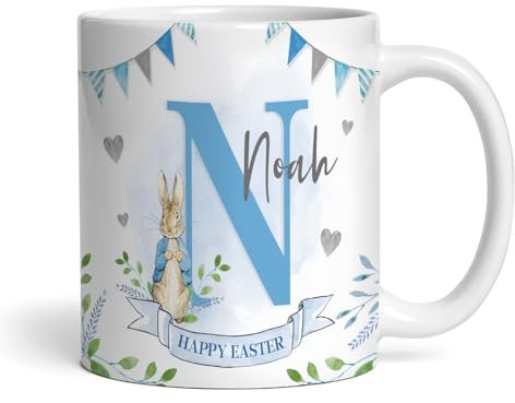 The Card Zoo Peter Rabbit Blue Name Happy Easter Present Coffee Tea Cup Personalised Mug - Personalised Gift