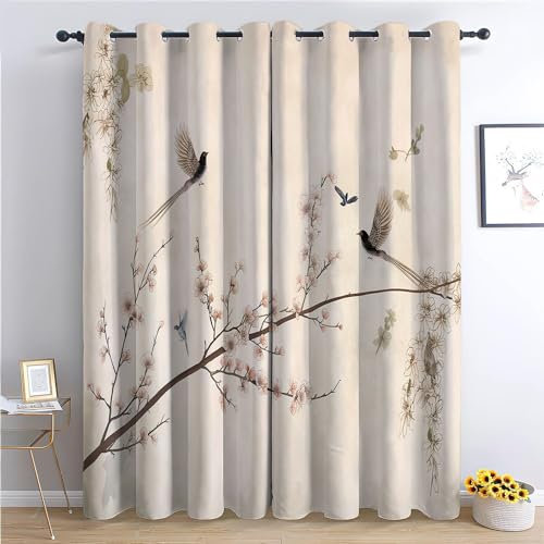 CozyRest Kinder Vorhänge Handgemalter Stil Elster und Blumen Ösen Gardinen mit Blickdichte Thermo Vorhang Kälteschutz Blackout Curtain Kinderzimmer Schlafzimmer Ösenvorhang H160 x B70cm