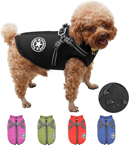 Hundemantel Wasserdicht mit Geschirr, Warme Winter Hundemantel, Hund Wintermantel für Kleine Mittel Große Hunde, Hundejacke Chihuahua Labrador Französische Bulldogge