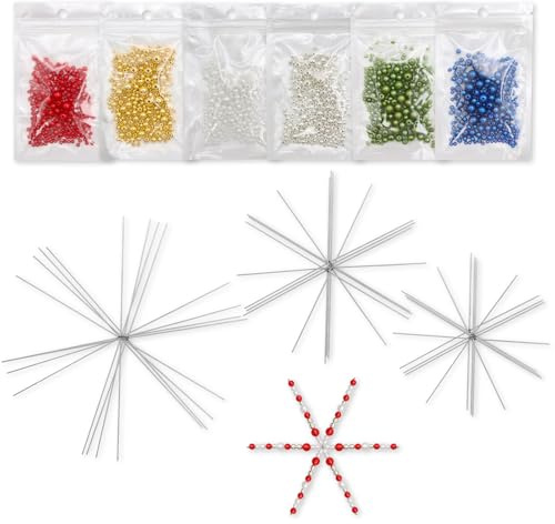 12 Weihnachten Schneeflocken Deko mit 900 Mischfarben Perlen 5 Größen, Drahtsterne für Perlensterne Perlensterne Bastelset Drahtsterne Rohlinge für DIY Weihnachtsbaumschmuck Weihnachtskunst Dekoration
