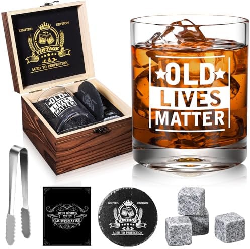 veecom Old Lives Matter Whiskey Glass 354ml, Old Fashioned Rum Glass, Funny Gag Gifts for Old Man, Grandpa, Dad, Mens Birthday or Retirement Gifts with Whiskey Stones, Coaster, Wooden Box