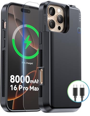 NEWDERY Upgraded Battery Case for iPhone 16 Pro Max, 8000mAh USB-C Portable Power Bank, CarPlay, Sync Data Supported, Rechargeable Charger Case Compatible with iPhone 16 Pro Max 6.9, Black