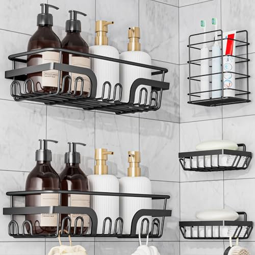 AxiwoIntl Duschablage ohne Bohren 5 Stück Badregal Ohne Bohren für Shampoo und Duschgel,Duschablage mit Zahnpasta Halter und 2 Seifenkiste 10 Haken,Duschregal Schwarz