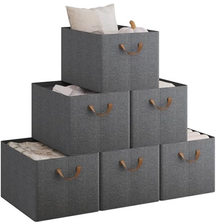 WOLTU Faltbare Aufbewahrungsboxen 6 Stück, Stoff-Aufbewahrungswürfel mit Griffen, Organizer Boxen für Regale, Stapelboxen zur Aufbewahrung, Grau, 47x35x30cm