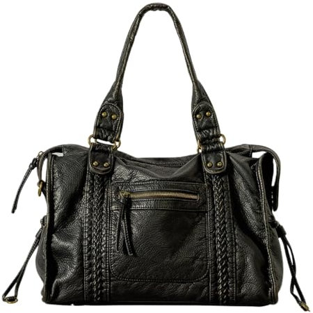 GJGJTER Damen Hobo Handtasche Frauen Washed Leather Umhängetasche Retro Geldbörse Shopper Top-Handle Tasche Arbeit Schultertaschen Schwarzer Schulranzen