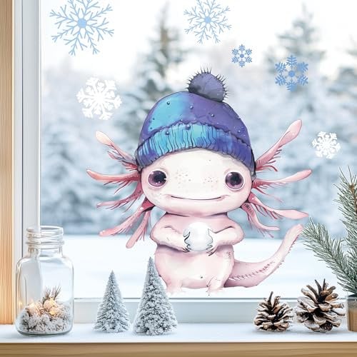 Sunnywall Fensterbilder Winter für Kinder Tiermotive in Winterszene als statisch haftende Fenstersticker, WIEDERVERWENDBAR (Axolotl (blaue Mütze), A2 Bogen)