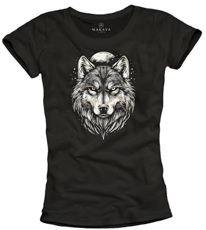 MAKAYA Damen T-Shirt mit Wolfsmotiv Mond Kurzarm Top Wolf Motiv