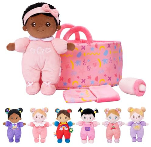 OUOZZZ Baby Puppe mit Tragetasche und Puppenzubehör Rosa, 25cm Weiche Afrikanische Stoffpuppe Kuschelpuppe für Kinder ab 3 Monaten - Baby Geschenk zur Geburt Mädchen Jungen