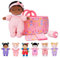 OUOZZZ Baby Puppe mit Tragetasche und Puppenzubehör Rosa, 25cm Weiche Afrikanische Stoffpuppe Kuschelpuppe für Kinder ab 3 Monaten - Baby Geschenk zur Geburt Mädchen Jungen
