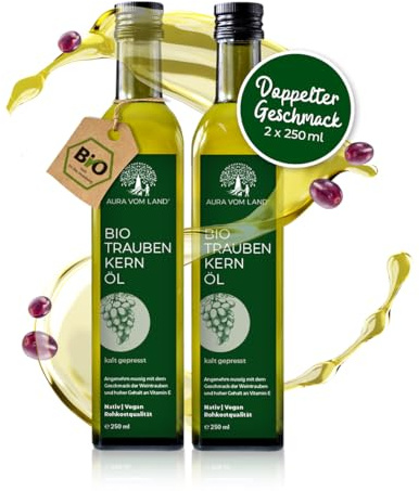 Traubenkernöl Bio Premium 100% Kaltgepresst 2 x 250ml – Hochwertiges Speiseöl - Produziert in Bayern - Aura vom Land