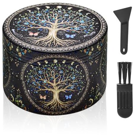 Large Grinder 63MM Crusher 40 Grinding Teeth Metal Grinder Tree Design Cool 4 Layers Grinders Metal Crusher for Spice Mill with Scraper and Plastic Brush