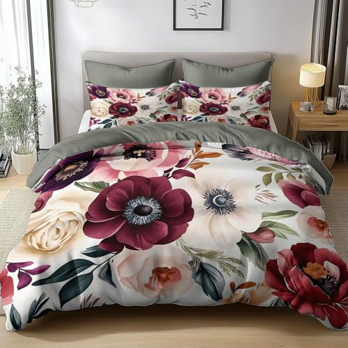 Bettwäsche Set 180x200cm Blumenmuster Pfingstrosen Rosen Bettbezug Set, Weich Antiallergen Bettbezüge mit Reißverschluss und 2 Kissenbezüge 80x80 cm für Kinder Erwachsen Jugendliche