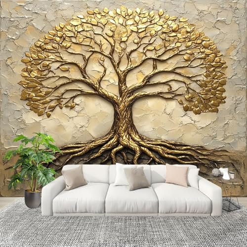 Papier Peint Intissé 3D Panoramique 350x256 cm Arbre de Vie Doré Papier Peint Photo Fresque Murale Décoration Murale Personnalisée, Or Résistant à la Poussière, Poster Mural