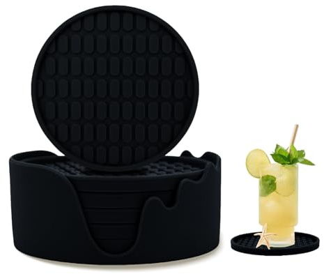 Silikon Untersetzer mit Halter, Runde Trinkuntersetzer hitzebeständig rutschfest mit Muster, Dicke Tassenmatte für Kaffee Getränke, 6er-Pack Schwarz