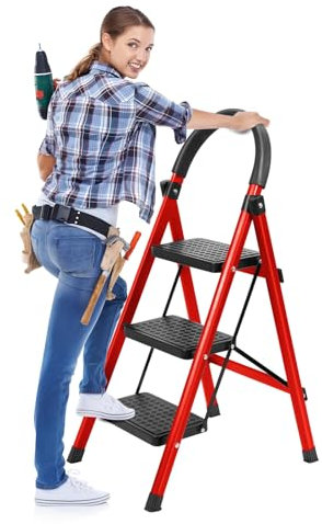 Scala pieghevole a 3 gradini, resistente, antiscivolo, con pedali larghi, design pieghevole per casa, camper, uso interno ed esterno, supporta 330 libbre, rosso