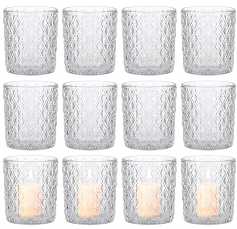 12 Stück Teelichthalter Glas, Transparent Teelichtgläser, Teelichthalter, 6,5 x 5 cm, Teelichter Glas, Kerzenständer Vintage für Hochzeit, Geburtstagsfeier, Windlichter Tischdeko