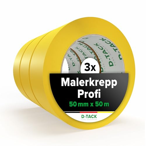 D-Tack 3x Malerkrepp Profi | 50 mm x 50 m | Malerkrepp aus Washi Tape | Innen | Präzise Farbkanten beim Abkleben | Abdeckklebeband rückstandsfrei ablösbar | UV-beständig | Profi Kreppband