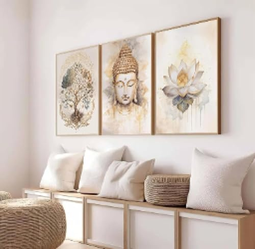 TONGYINLI Religionen Buddha Leinwand-Wandkunst, Lebensbaum-Gemälde, Lotus-Zen-Posterdrucke, Kunstwerk für Wohnzimmer-Dekoration, Bild, 40 x 60 cm x 3 Rahmen