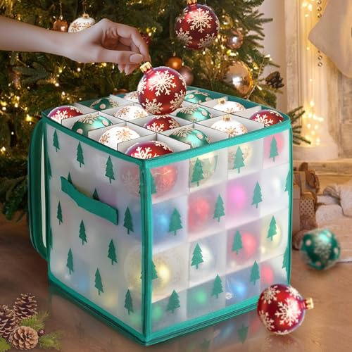 Aufbewahrungsbox für Weihnachtsschmuck, ZoneYan Aufbewahrungsbox für Christbaumkugeln, Sortierbox mit Tragegriff, Sortierboxen Zusammenklappbar, 64 Fächer (Weihnachtsbaum)