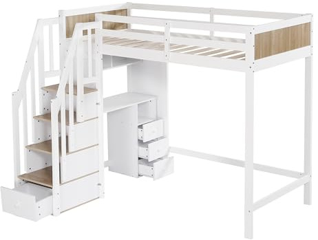 Azkoeesy letto singolo a soppalco con scrivania, 90x200 cm, letto a soppalco per bambini con scale e contenitore, cassetti, libreria, per ragazzi e bambini, max 150 kg, bianco