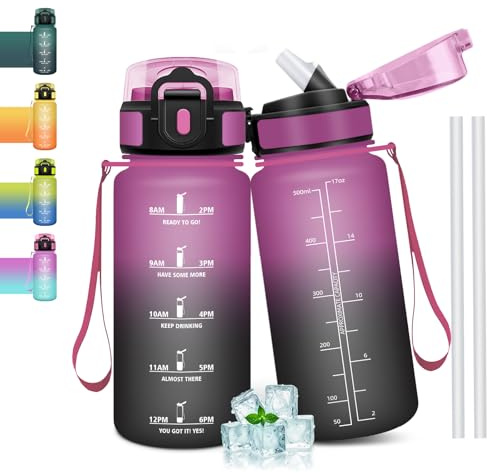 Mulbijeo Gourde Paille 500ml, sans BPA & Étanches, Bouteille, Motivation Bouteille d'eau, Avec Marqueur de Temps, Petite Gourde pour Gym, Ecole, Cyclisme, Plein Air, Sport