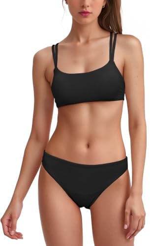 westag Period Swimwear Two Piece Swimsuit Low Waist Bikini Swimming Costume | 4-Layer Leakproof, Removable Cups, Scoop Neck, Double Slim Straps, Multi-Strap Cross Back, Kayak Days, Family Pool Day, Women