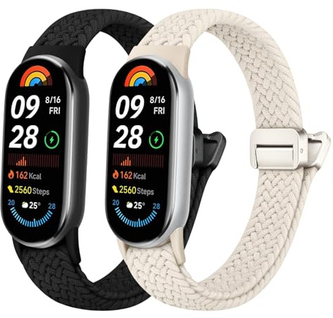Raradev 2 Stück Nylon Geflochtenes Armband für Xiaomi Smart Band 11/10/9/8 | Magnet Verschluss Elastische Stufenlos Verstellbare Dehnbare Armbänder Sport Ersatzarmband Herren Damen für Mi Band 11/10/9/8