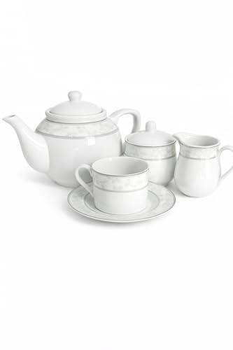 Generico Servizio da Tè Dorica 27 Pezzi in Porcellana Bianca – 12 Tazze con 12 Piattini + Teiera, Lattiera e Zuccheriera – Set Elegante con Decoro Argento