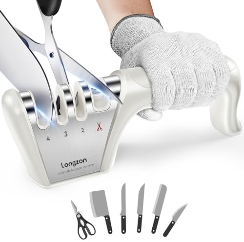 longzon Affilacoltelli Professionale, 4 in 1 Affila Coltelli da Cucina con Due Guanti Antitaglio, Affilacoltelli Manuale per Coltelli Dritti, Forbici, Sicuro e Facile da Usare - Bianco | Affilatrice manuale Coltello Affilatrice semplice ed efficace, ravviva le lame smussate, comoda impugnatura bianca