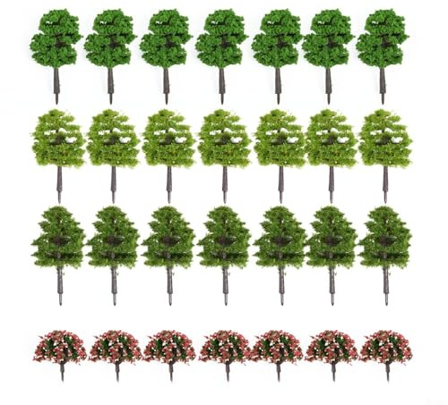 Lot de 70 arbres miniatures pour trains à l'échelle HO, accessoires de paysage en plastique avec variantes de fleurs vertes et pêches dans des rapports de 1:75 à 1:500
