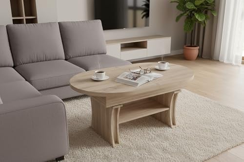 designimpex DA-130 Couchtisch oval Sonoma Eiche ausziehbar 130 bis 170 cm höhenverstellbar 60-75 cm Ablage modern ovaler Wohnzimmertisch Esstisch Beistelltisch Sofatisch platzsparend Wohnzimmer