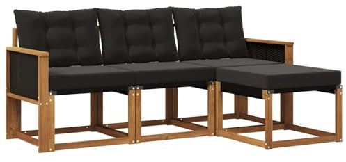 vidaXL Outdoor-Sofagarnitur mit Kissen 4 pcs Natürlich und Schwarz, Garten-Sofa, modernes Lounge-Set für draußen, haltbar, gemütliche Terrasse-Sitze für jeden Anlass