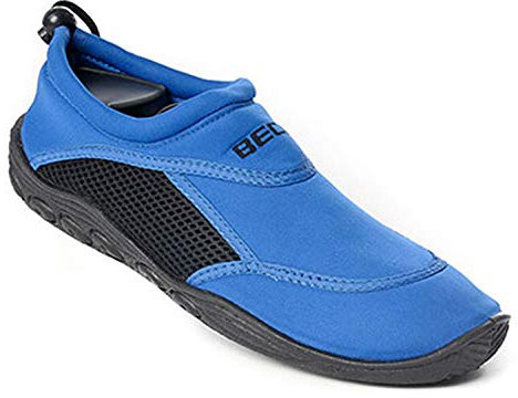 BECO Wasserschuhe Damen & Herren – Neopren Badeschuhe mit Netzeinsatz & Gummisohle, elastische Surfschuhe ideal für Wassersportaktivitäten – in Blau/Schwarz , Größe: 39