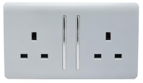 Trendi 2 Gang Artistic Modern Glossy 13 Amp Switched Tactile Plug Socket Silver Trade Pack (x10)
