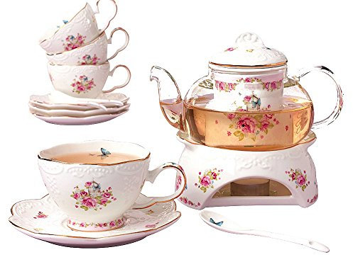 Jusalpha fina China porcelana tazas flor serie taza de té plato cuchara de café con tetera calentador y filtro, 16pcs en 1 juego (set 16pcs)