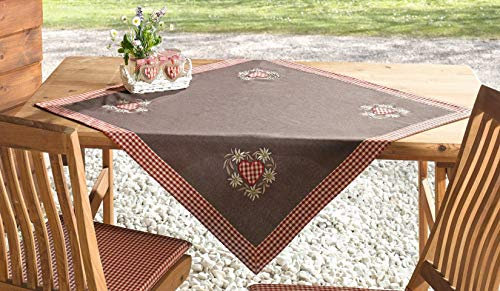 Tischdecke Alpenglück 85x85 cm, braun mit rot-weiß Karierter Borde, Bestickt mit Edelweiß-Motiv, Tischtuch, Tischwäsche