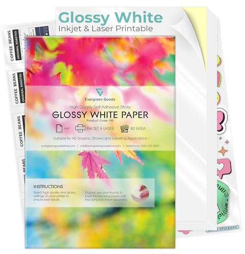Evergreen Goods Ltd 100 Blatt A4 Glänzend Weißes Selbstklebendes Sticker Druckerpapier, Bedruckbare Aufkleber Papier für Tintenstrahl- und Laserdrucker, Selbstklebendes Glossy Paper für Heim und Büro