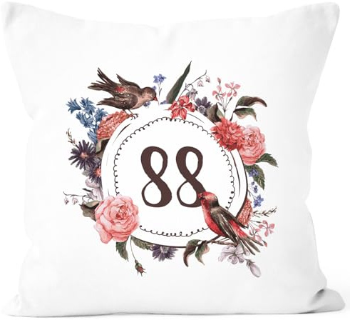 MoonWorks Kissen-Bezug Geburtstag 88 Geschenk-Kissen Blumen Blüten Blumenkranz Bordüre Kissen Weiss Unisize